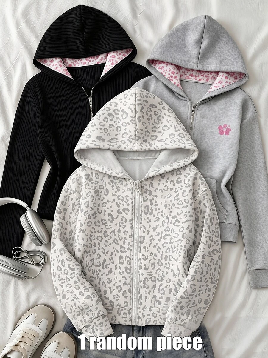 Fall Girls' Leopard Print Zip-Up Sweatshirt Jacket - Street Style Mix Match, Sweatshirt Knit Fabric Suitable For School White Animal Print Y2k Casual - White - View 1
