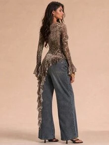 SHEIN Glamour Women Brown Leopard Print Square Neck Front Twist Waist Ruffle Hem Long Sleeve Fitted Long Top Y2K Fall Halloween Night Out Party Blouse - Multicolor - View 2