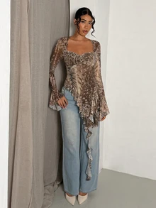 SHEIN Glamour Women Brown Leopard Print Square Neck Front Twist Waist Ruffle Hem Long Sleeve Fitted Long Top Y2K Fall Halloween Night Out Party Blouse - Multicolor - View 6
