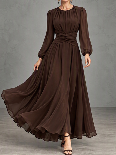 Wandoria Women's Brown Chiffon Lined Round Neck Ruched Waist Three Knots Back Waist Elastic Puff Sleeve Long Sleeve Maxi Dress, Elegant Casual French Vintage Romantic Commute European American Street Style Minimalist Versatile Muslim Middle East Afternoon Tea Party Back To School Christmas Halloween Autumn Winter New