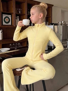 SHEIN Elladie kids 青少年女孩外套套裝，馬卡龍色，外套+長褲2件套，寬鬆版型，秋冬保暖，時尚百搭，休閒運動風，拉鍊連帽 - 黃色 - 查看 4