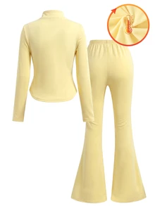 SHEIN Elladie kids 青少年女孩外套套裝，馬卡龍色，外套+長褲2件套，寬鬆版型，秋冬保暖，時尚百搭，休閒運動風，拉鍊連帽 - 黃色 - 查看 3