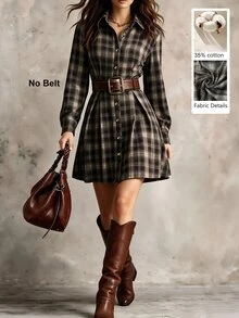 SHEIN 秋冬復古格紋長袖百褶下擺襯衫洋裝 - 棕色 - 查看 1