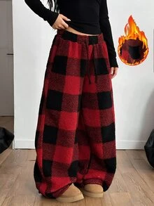 SHEIN Sparklyn 青少年女孩紅色格紋抓絨寬腿運動褲 休閒百搭貼身低腰抽繩鬆弛拼接色塊聖誕街頭風冬季長褲 - 彩色 - 查看 6