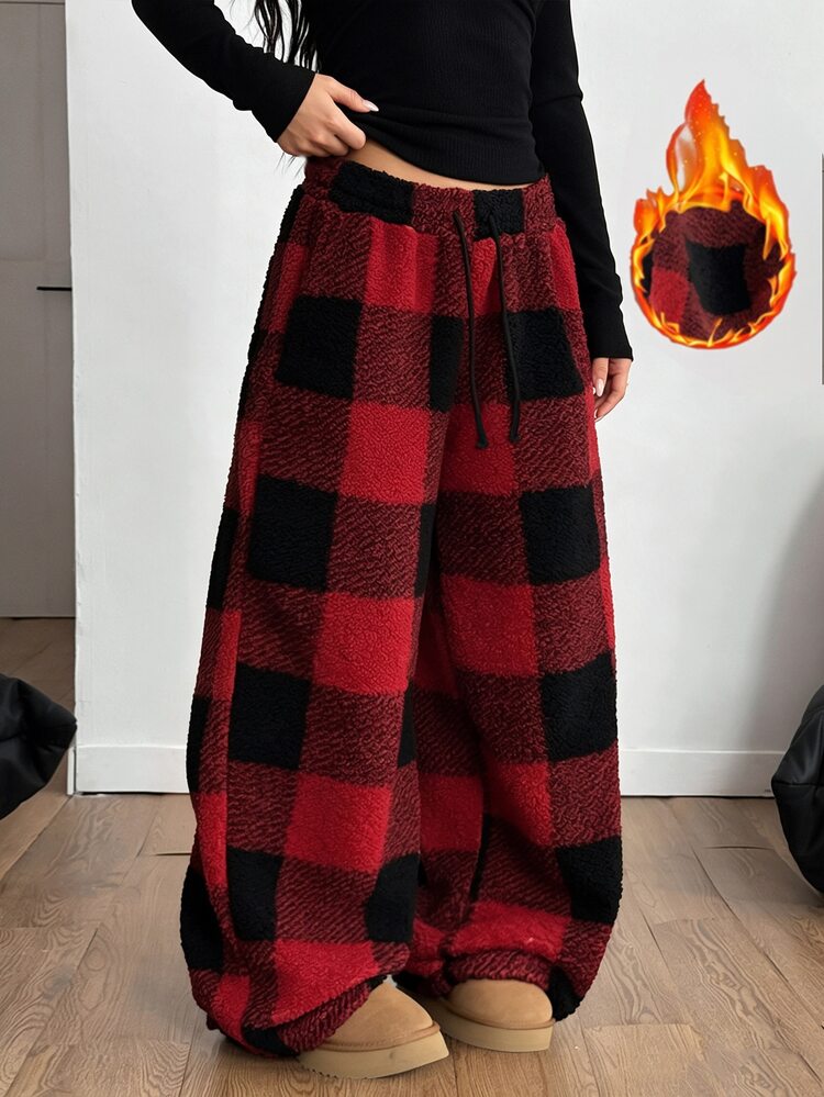 SHEIN Sparklyn Tween Girls Sweatpants Red Plaid Fleece Wide Leg Pants Casual Versatile Snug Fit Low Waist Drawstring Loose Colorblock Christmas Streetwear Winter - Multicolor - View 6