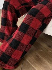 SHEIN Sparklyn 青少年女孩紅色格紋抓絨寬腿運動褲 休閒百搭貼身低腰抽繩鬆弛拼接色塊聖誕街頭風冬季長褲 - 彩色 - 查看 5
