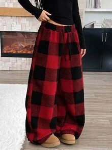 SHEIN Sparklyn 青少年女孩紅色格紋抓絨寬腿運動褲 休閒百搭貼身低腰抽繩鬆弛拼接色塊聖誕街頭風冬季長褲 - 彩色 - 查看 3