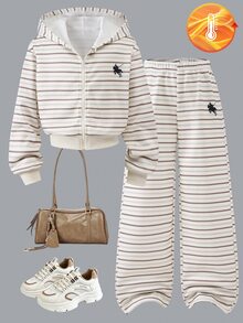Tween Girls Khaki Hooded Striped Pattern Zip-Up Sweatshirt With Long Pants Casual 2 Pieces Set, Winter Daily Wear - Multicolor - View 3