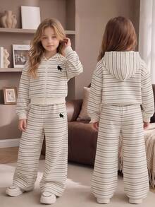 Tween Girls Khaki Hooded Striped Pattern Zip-Up Sweatshirt With Long Pants Casual 2 Pieces Set, Winter Daily Wear - Multicolor - View 1