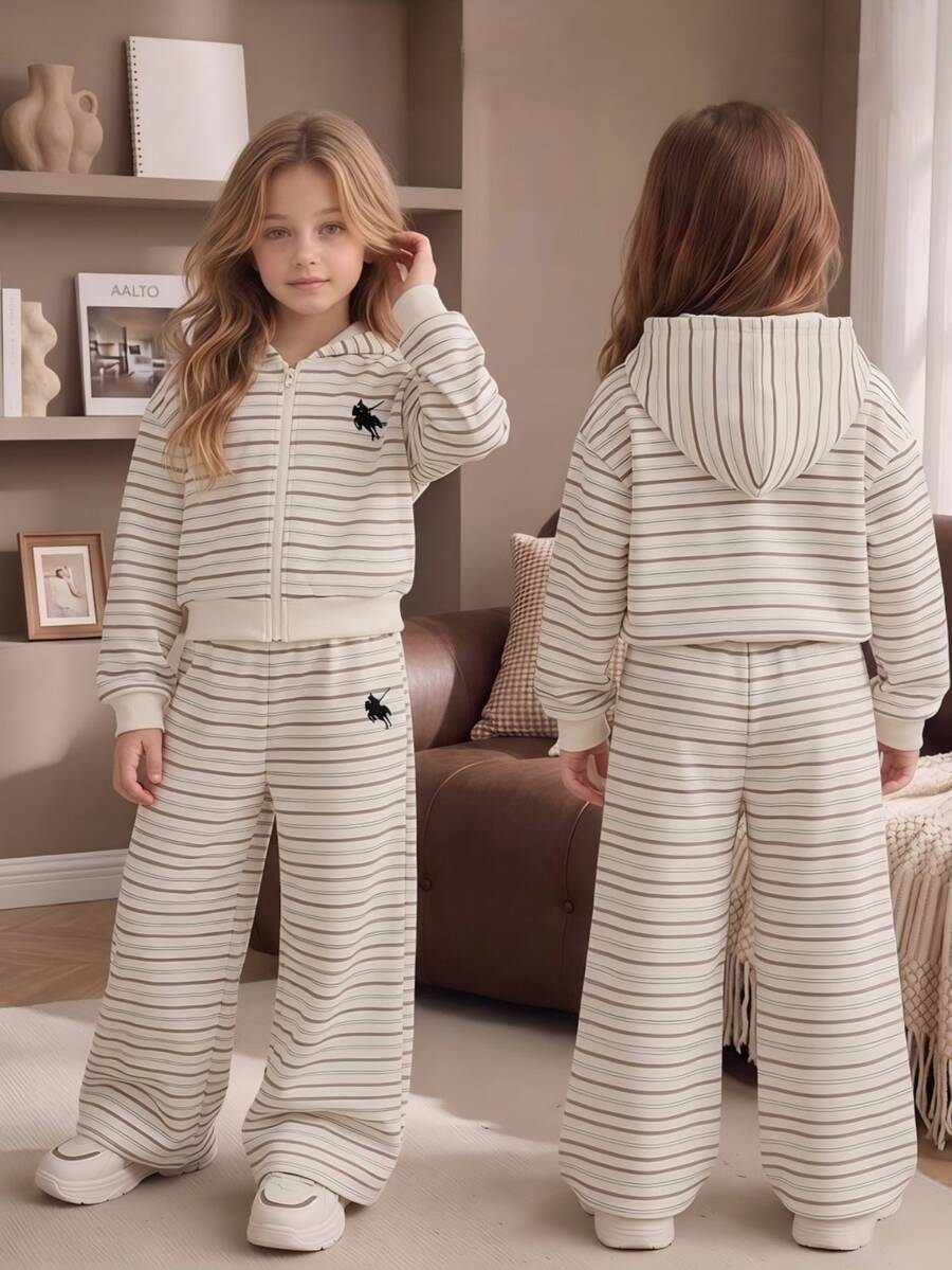 Tween Girls Khaki Hooded Striped Pattern Zip-Up Sweatshirt With Long Pants Casual 2 Pieces Set, Winter Daily Wear - Multicolor - View 1