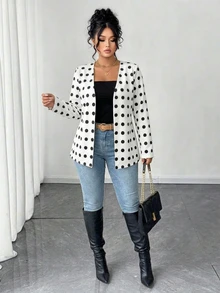 EMERY ROSE Plus Size Women White Open Front Blazer, Long Sleeve V Neck 1920 Vintage Elegant Office Formal Jacket, Fall Solid Tone Print Outerwear - Multicolor - View 9