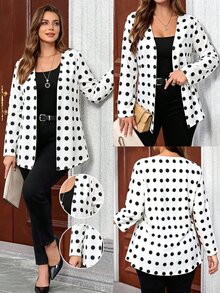 EMERY ROSE Plus Size Women White Open Front Blazer, Long Sleeve V Neck 1920 Vintage Elegant Office Formal Jacket, Fall Solid Tone Print Outerwear - Multicolor - View 1