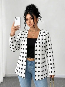 EMERY ROSE Plus Size Women White Open Front Blazer, Long Sleeve V Neck 1920 Vintage Elegant Office Formal Jacket, Fall Solid Tone Print Outerwear - Multicolor - View 6
