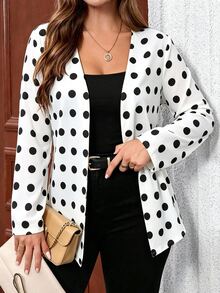EMERY ROSE Plus Size Women White Open Front Blazer, Long Sleeve V Neck 1920 Vintage Elegant Office Formal Jacket, Fall Solid Tone Print Outerwear - Multicolor - View 11