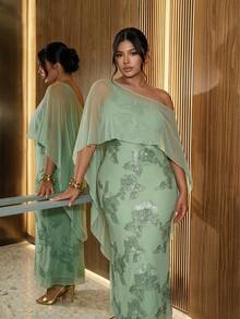 Firerie 大尺碼優雅派對網紗拼接花卉刺繡洋裝 女款優雅婚禮賓客禮服 奢華優雅約會外出洋裝 - 綠色 - 查看 3