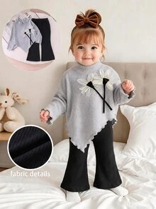 SHEIN Elladie kids 女童春夏秋冬休閒T恤套裝，不對稱高領白色羅紋拼接極地絨上衣搭配喇叭褲，2件套生日禮物 - 灰色 - 查看 1