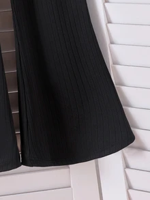 SHEIN Elladie kids 女童春夏秋冬休閒T恤套裝，不對稱高領白色羅紋拼接極地絨上衣搭配喇叭褲，2件套生日禮物 - 灰色 - 查看 6