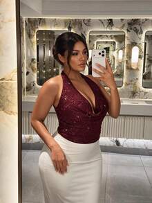 Firerie Plus Size Elegant Sexy Sequin Embroidered Cowl Neck Backless Halter Top - Red - View 3