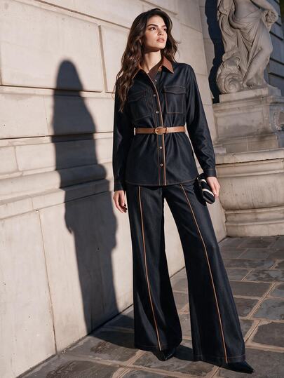 Anewsta Women's 2 Pieces Set Fall\Winter Casual Sleek Elegant Solid Color Woven Patchwork Leather Long Sleeve Shirt Flare Pants With Belt Office Navy Blue