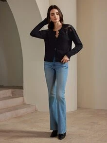 Anewsta Long-Sleeved Lace Shoulder Detail Cardigan - الأسود - مشاهدة 4