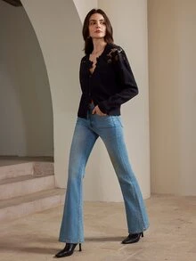 Anewsta Long-Sleeved Lace Shoulder Detail Cardigan - الأسود - مشاهدة 3