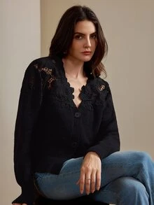 Anewsta Long-Sleeved Lace Shoulder Detail Cardigan - الأسود - مشاهدة 5