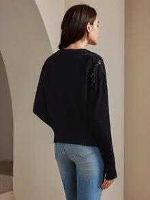 Anewsta Long-Sleeved Lace Shoulder Detail Cardigan - الأسود - مشاهدة 2