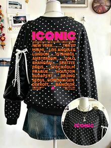 EMERY ROSE 女款圓點圓領運動衫，正反面 ICONIC 城市名單字母圖案，寬鬆大版套頭衫，休閒復古街頭風長袖上衣 - 黑色 - 查看 3