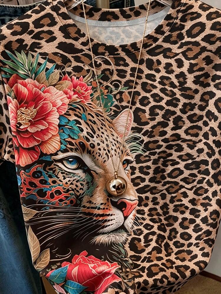 SHEIN LUNE Women Round Neck Short Sleeve Loose Fit All‑Over Leopard Print Floral Leopard Head Graphic Casual Daily Tee Top - Multicolor - View 4
