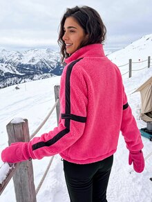 Exploreva Women's Outdoor Striped Colorblock Zipper Long Sleeve Fleece Jacket - Hot Pink - View 2