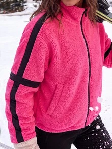 Exploreva Women's Outdoor Striped Colorblock Zipper Long Sleeve Fleece Jacket - Hot Pink - View 5