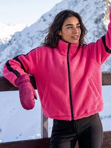 Exploreva Women's Outdoor Striped Colorblock Zipper Long Sleeve Fleece Jacket - Hot Pink - View 4