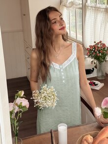 Snug Reverie Women's Fresh Light Blue Comfortable Jacquard Contrast Color Embroidered Lace Ruffle Camisole Nightgown - Mint Green - View 5