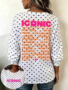 SHEIN LUNE 女款圓領長袖T恤，白色黑色波點 ICONIC City 字母正反面印花，寬鬆休閒街頭風上衣 - 彩色 - 查看 1