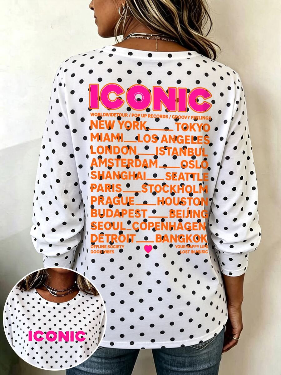SHEIN LUNE 女款圓領長袖T恤，白色黑色波點 ICONIC City 字母正反面印花，寬鬆休閒街頭風上衣 - 彩色 - 查看 1