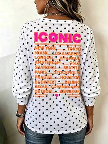 SHEIN LUNE 女款圓領長袖T恤，白色黑色波點 ICONIC City 字母正反面印花，寬鬆休閒街頭風上衣 - 彩色 - 查看 10