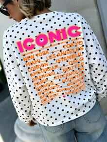 SHEIN LUNE 女款圓領長袖T恤，白色黑色波點 ICONIC City 字母正反面印花，寬鬆休閒街頭風上衣 - 彩色 - 查看 7