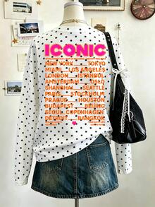 SHEIN LUNE 女款圓領長袖T恤，白色黑色波點 ICONIC City 字母正反面印花，寬鬆休閒街頭風上衣 - 彩色 - 查看 8