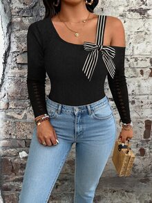 SHEIN Clasi Bodysuit Plus Contrast Striped Asymmetrical Neck Bow Front Autumn Night Cocktail Black Elegant Sexy - MultiWarna - View 5