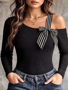 SHEIN Clasi Bodysuit Plus Contrast Striped Asymmetrical Neck Bow Front Autumn Night Cocktail Black Elegant Sexy - MultiWarna - View 1
