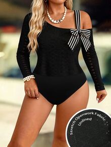 SHEIN Clasi Bodysuit Plus Contrast Striped Asymmetrical Neck Bow Front Autumn Night Cocktail Black Elegant Sexy - MultiWarna - View 3