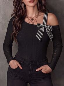SHEIN Clasi Bodysuit Plus Contrast Striped Asymmetrical Neck Bow Front Autumn Night Cocktail Black Elegant Sexy - MultiWarna - View 9