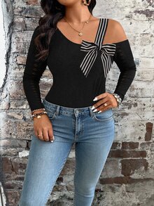 SHEIN Clasi Bodysuit Plus Contrast Striped Asymmetrical Neck Bow Front Autumn Night Cocktail Black Elegant Sexy - MultiWarna - View 6