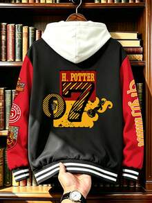 HARRY POTTER X SHEIN Manfinity Campus Court 男士圖案大學夾克，拼色連帽長袖外套，適合粉絲、校園、休閒穿著與 Cosplay 活動 - 彩色 - 查看 2