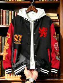 HARRY POTTER X SHEIN Manfinity Campus Court 男士圖案大學夾克，拼色連帽長袖外套，適合粉絲、校園、休閒穿著與 Cosplay 活動 - 彩色 - 查看 7