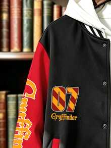 HARRY POTTER X SHEIN Manfinity Campus Court 男士圖案大學夾克，拼色連帽長袖外套，適合粉絲、校園、休閒穿著與 Cosplay 活動 - 彩色 - 查看 6