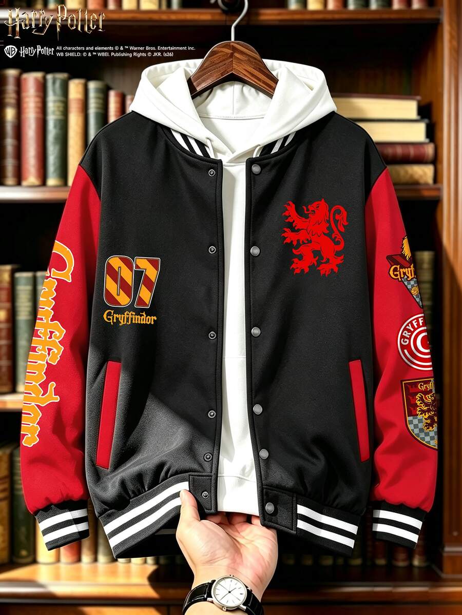 HARRY POTTER X SHEIN Manfinity Campus Court 男士圖案大學夾克,拼色連帽長袖外套,適合粉絲、校園、休閒穿著與 Cosplay 活動 - 彩色 - 查看 1