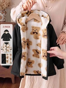 SHEIN Baby Girl Cute Bear Pattern Faux Fur Winter Jacket Reversible - Multicolor - View 1