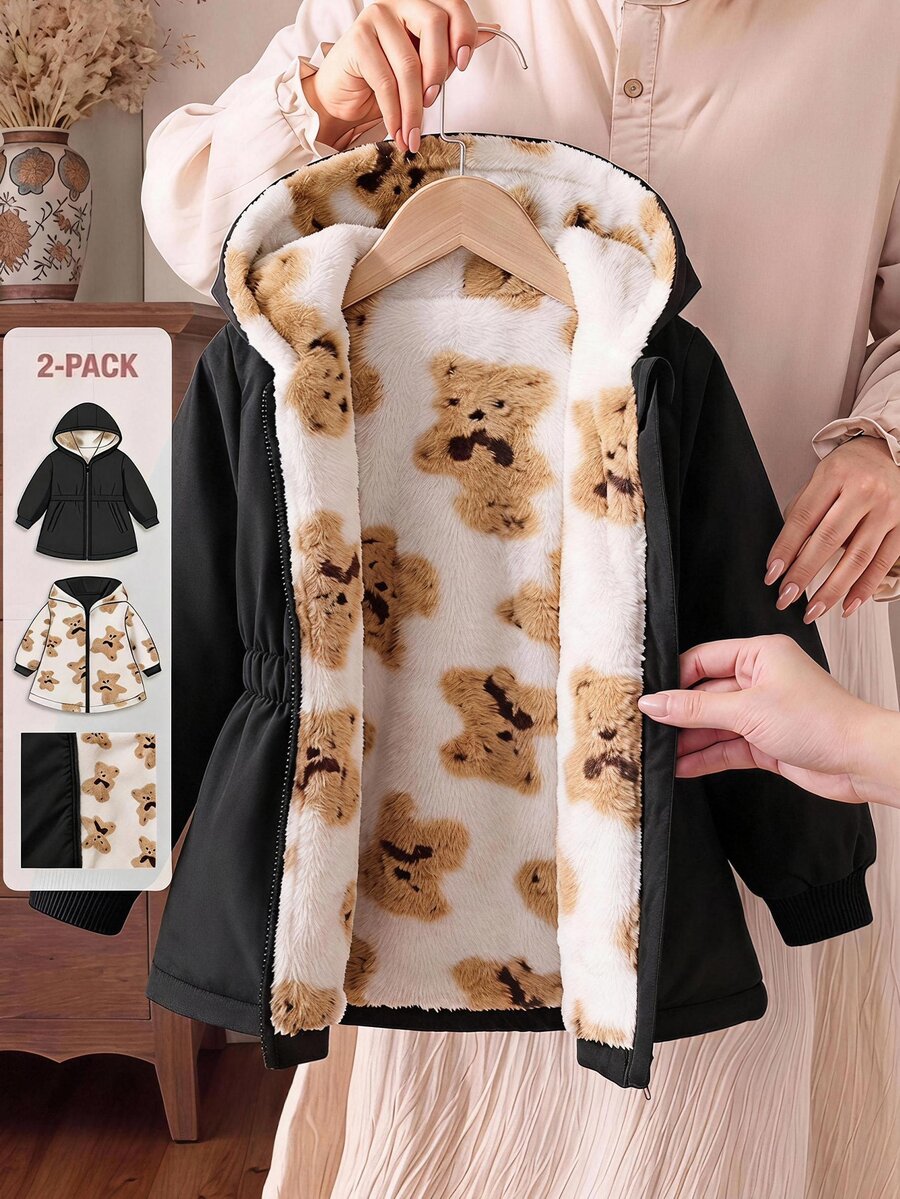SHEIN Baby Girl Cute Bear Pattern Faux Fur Winter Jacket Reversible - Multicolor - View 1