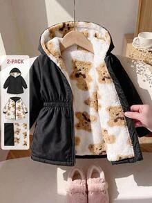 SHEIN Baby Girl Cute Bear Pattern Faux Fur Winter Jacket Reversible - Multicolor - View 5